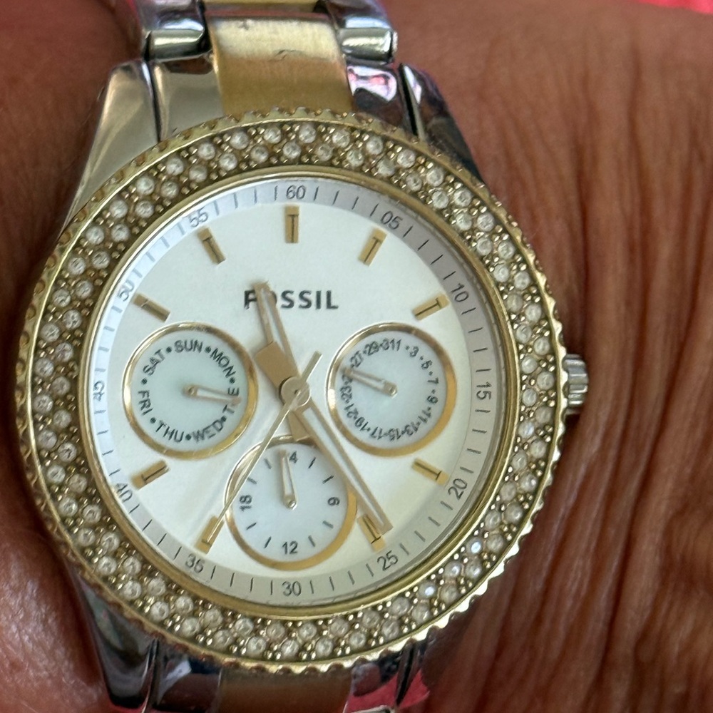 Fossil Gold and Silver link Watch with Crystal Bezel
